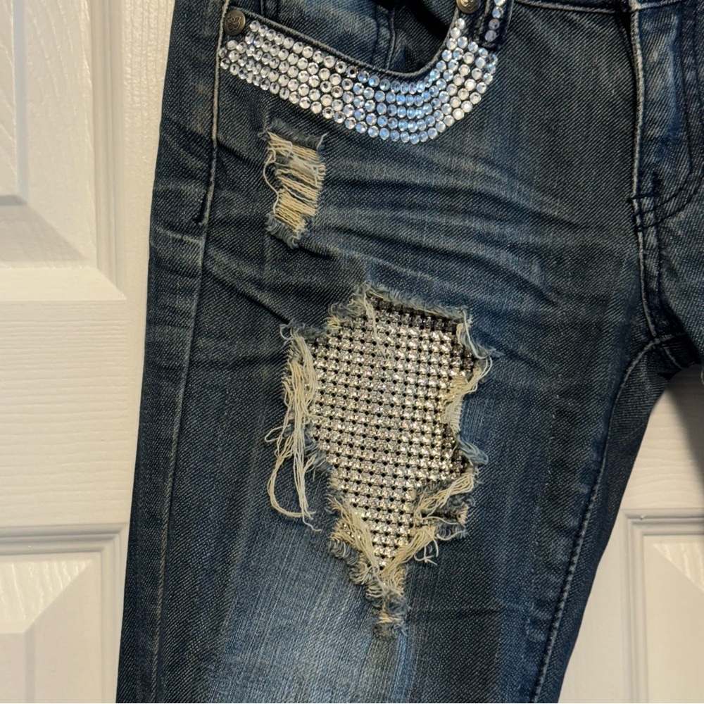A7 Distressed Blue Jeans with Swarovski Crystals, Size 26 - Picture 2 of 12